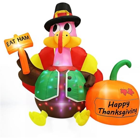 6FT Inflatable Turkey Blow Up with Built-in Colorful LED Rotating Lights - Picture 5 of 12